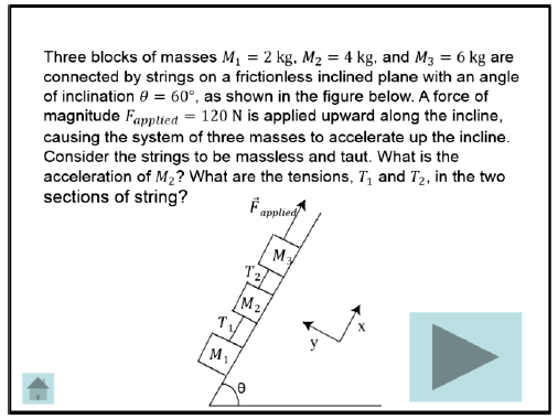 Physics problem describing three masses connected by strings. If a force is applied to one of the blocks, is the acceleration of the middle block and what are the tensions in the string?