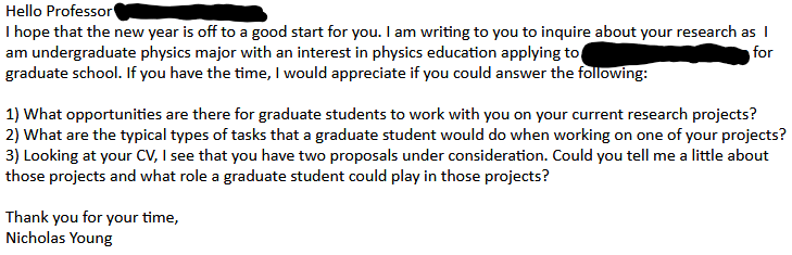 Email asking a professor what opportunities there are for graduate students to work in their group, what typical tasks graduate students would do, and what role a graduate student would play in the projects funded by two potential grants the professor applied for.